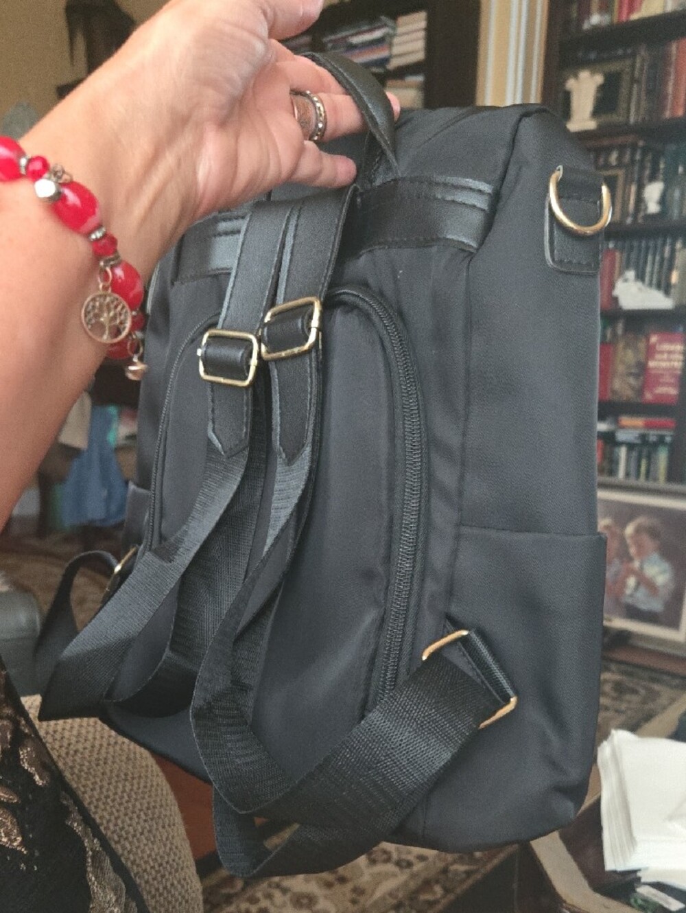 Black Nylon Backpack Bag with Gold Accents Safe And Stylish Travel - Picture 4 of 9